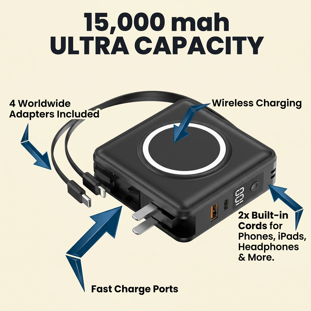 KAMTIVO™ Global Ultra: 15,000mAh 5-in-1 Travel Power Bank