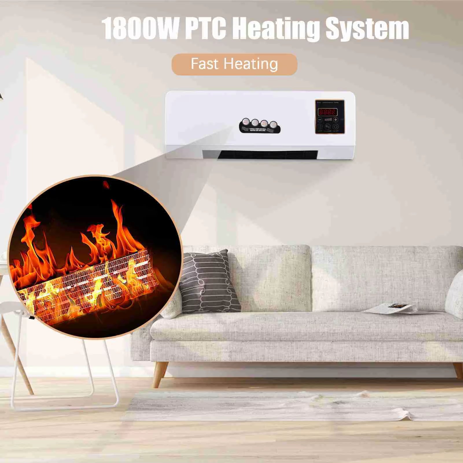 Heater Fan 2 in 1 Heating Nature Wind Timing Digital Display Wall Mounted Space Heater for Home Dormitory